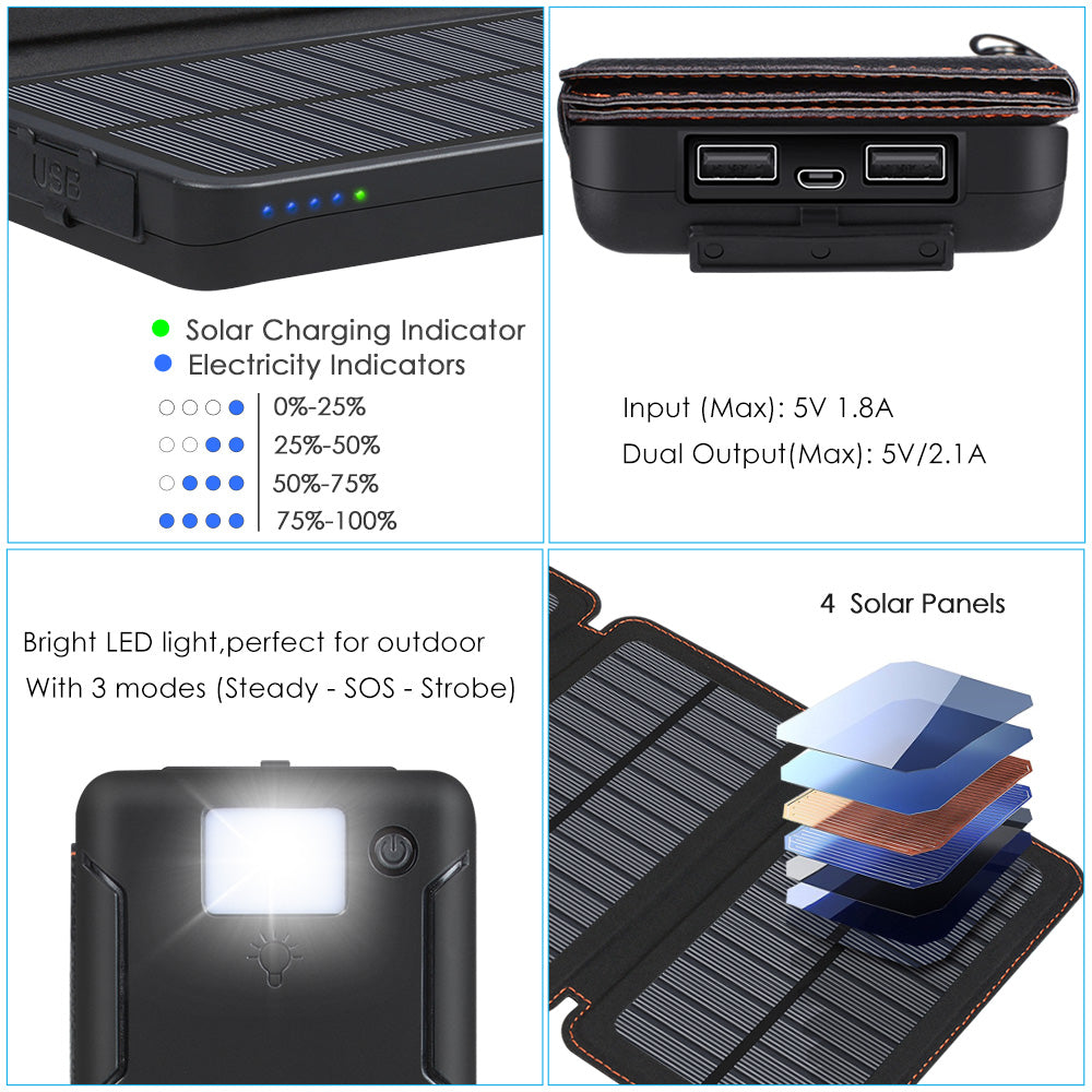 Solar Charger 25000mAh PortablePower Bank with 4 Solar Panels Black