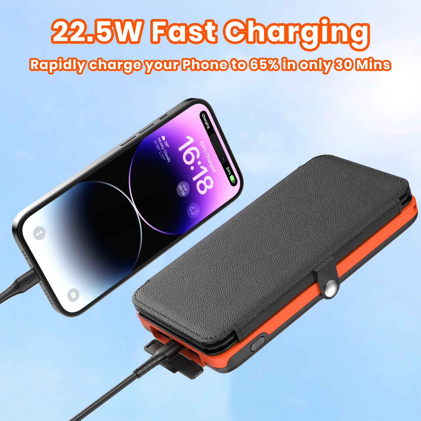 Solar Charger 27000mAh Power Bank 22.5W Fast Charging with 4 Solar Panels