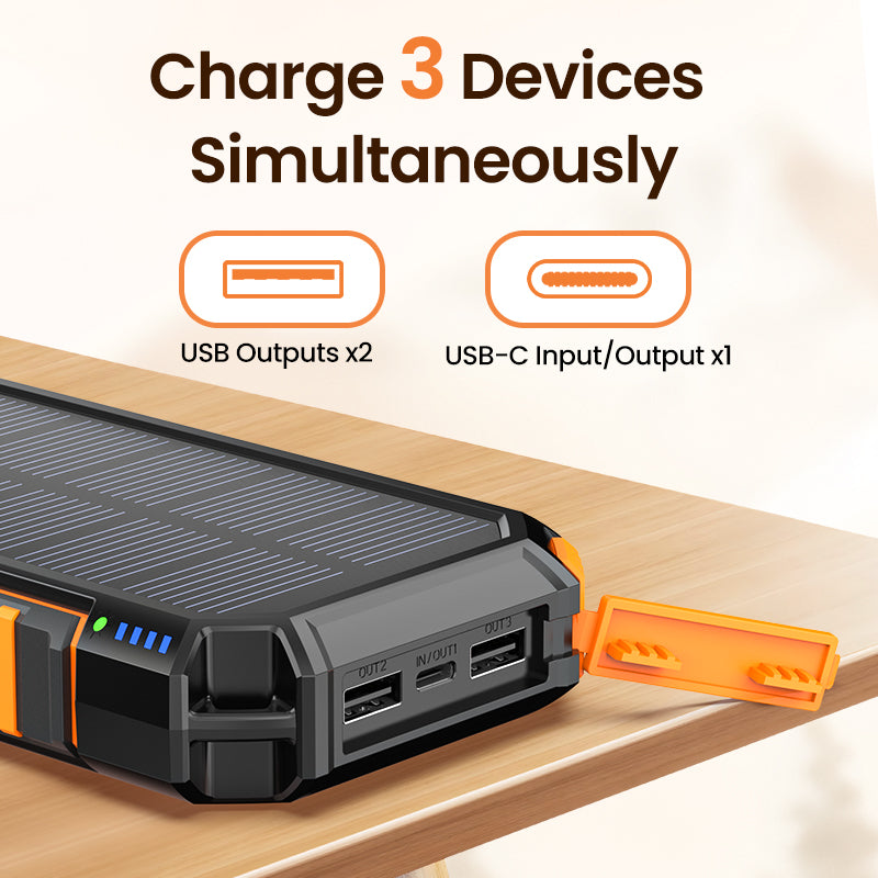 27000mAh Power Bank Solar Charger, 15W USB C Fast Charging with Three Outputs