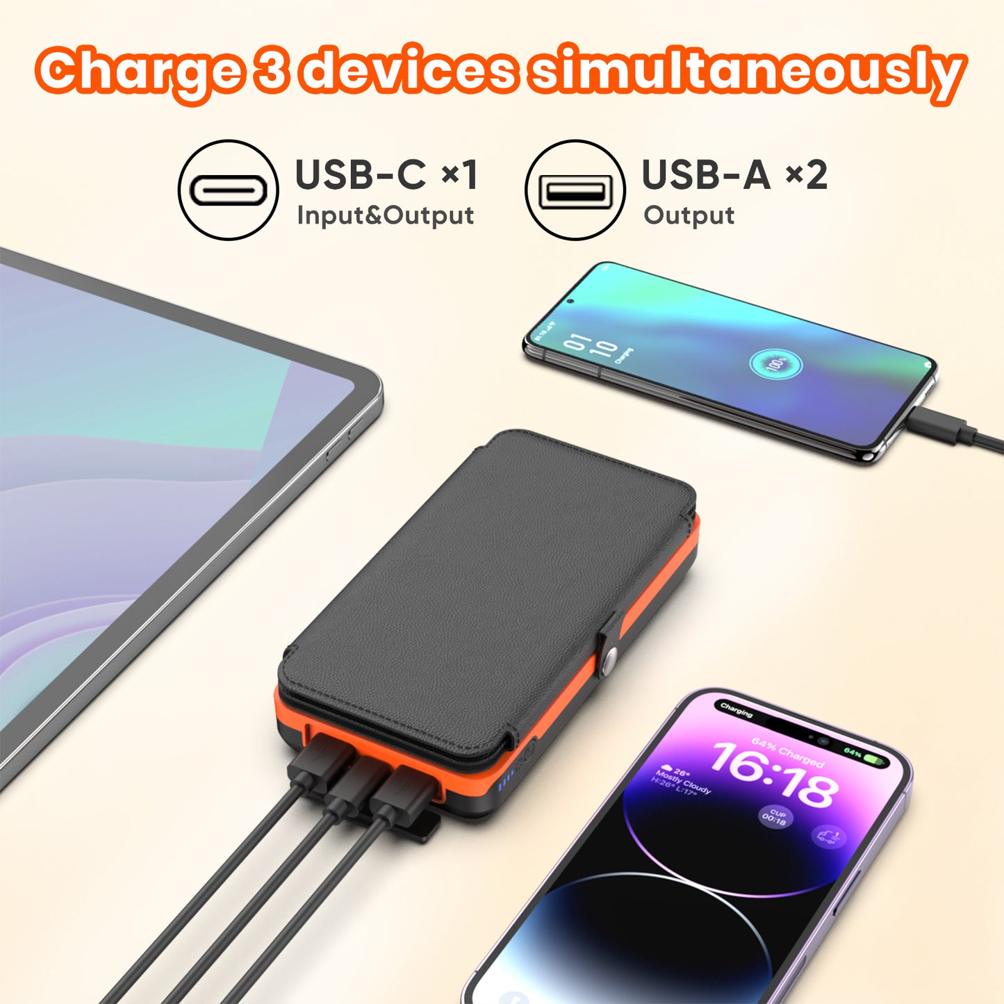 Solar Charger 27000mAh Power Bank 22.5W Fast Charging with 4 Solar Panels