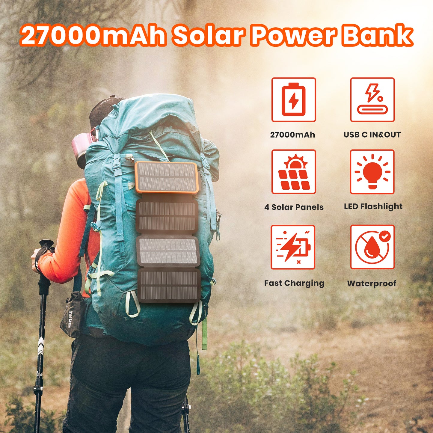 Solar Charger 27000mAh Power Bank 22.5W Fast Charging with 4 Solar Panels