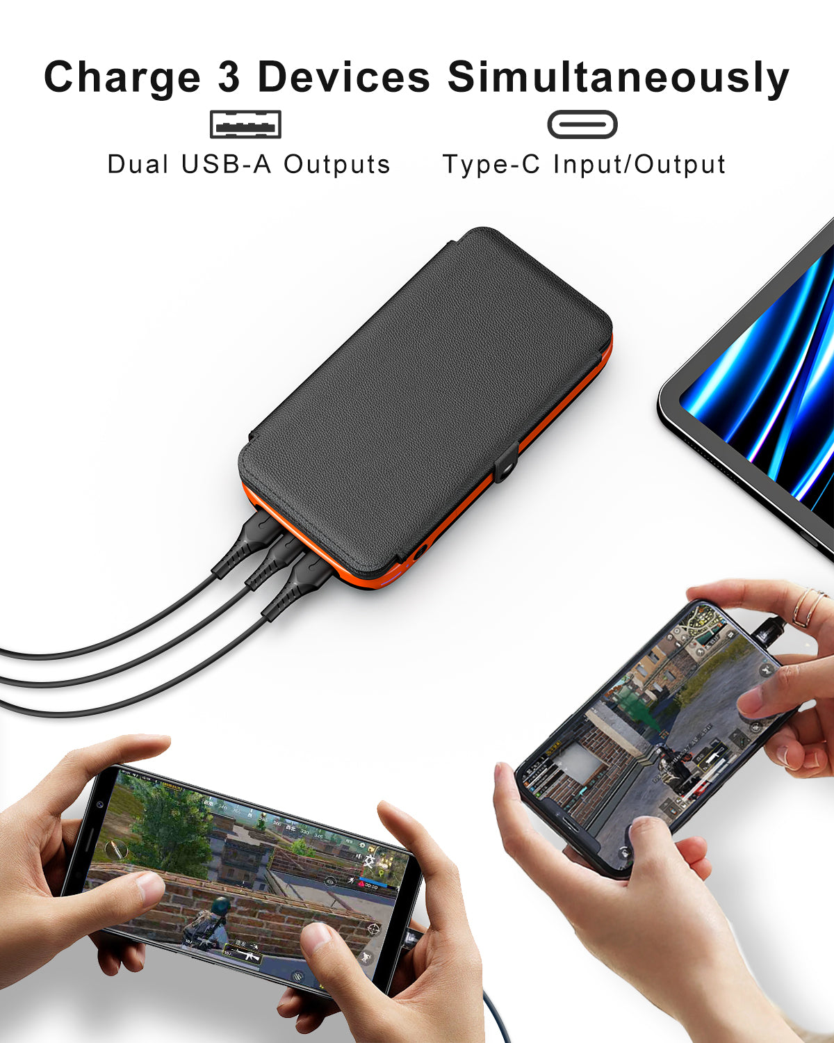 Solar Charger 27000mAh Power Bank with 4 Solar Panels & 3 USB Outputs, 3A Fast Charging