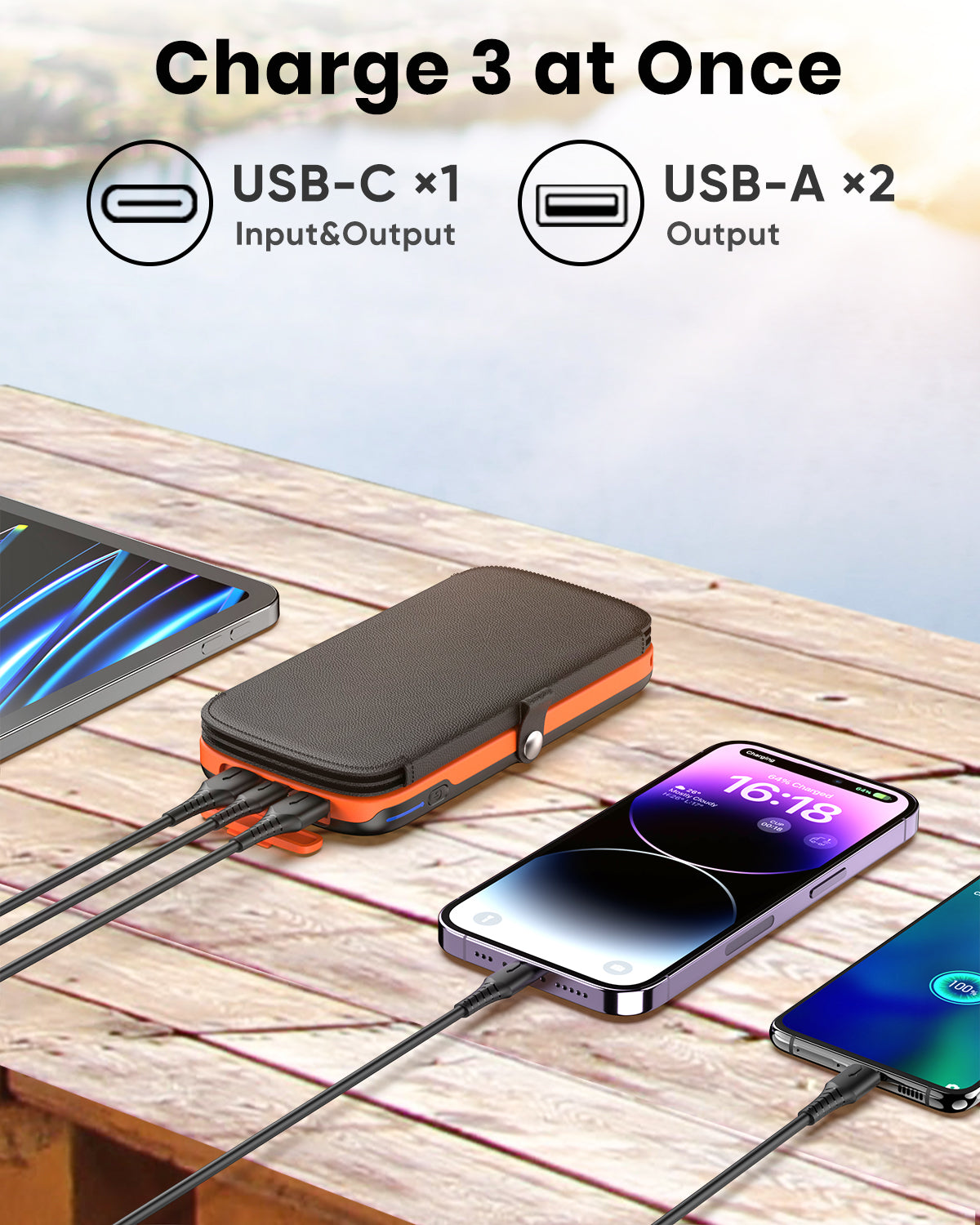 Solar Power Bank 10000mAh Built in 4 Panels 15W Fast Charging