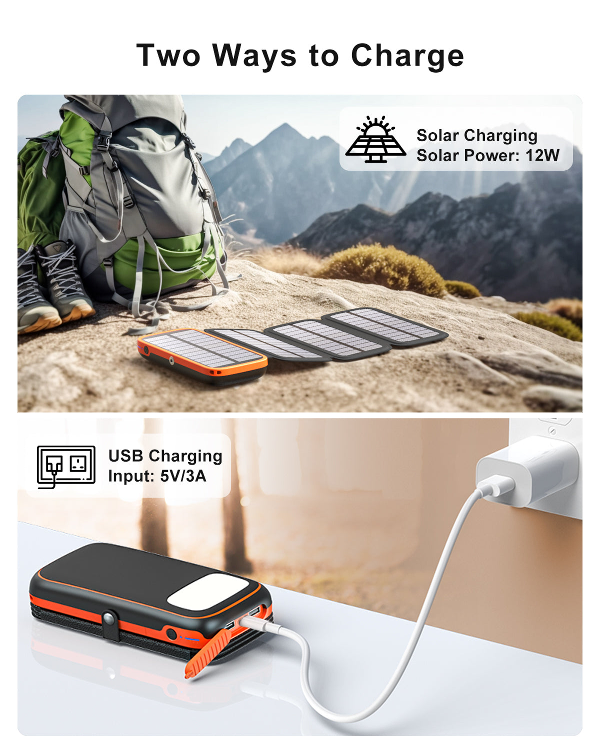 Solar Charger 27000mAh Power Bank with 4 Solar Panels & 3 USB Outputs, 3A Fast Charging