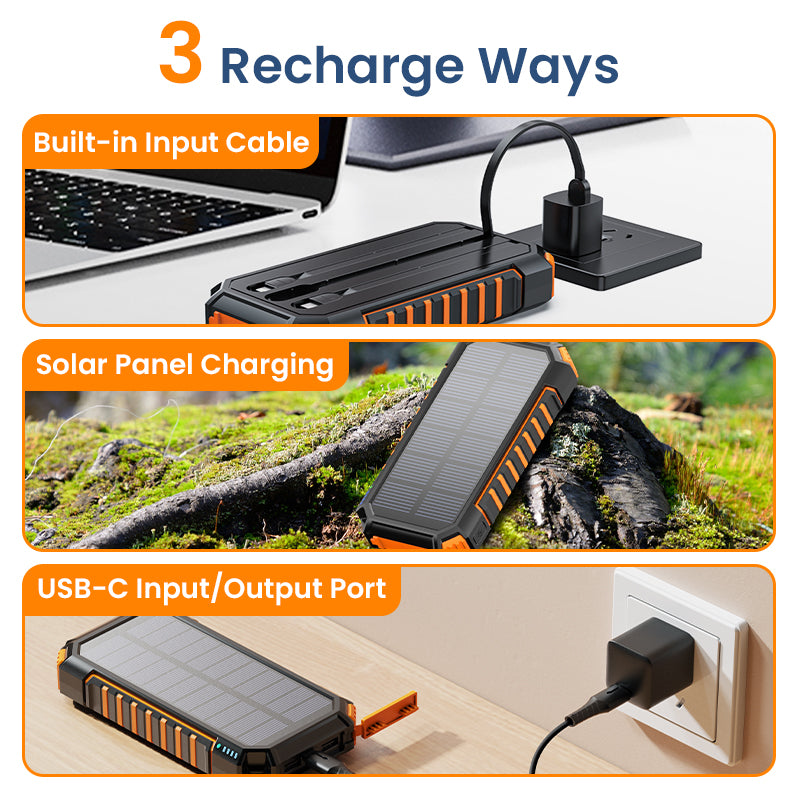 Power Bank Solar Charger 27000mAh Built in 3 Cables Five Outputs 15W Fast Charging