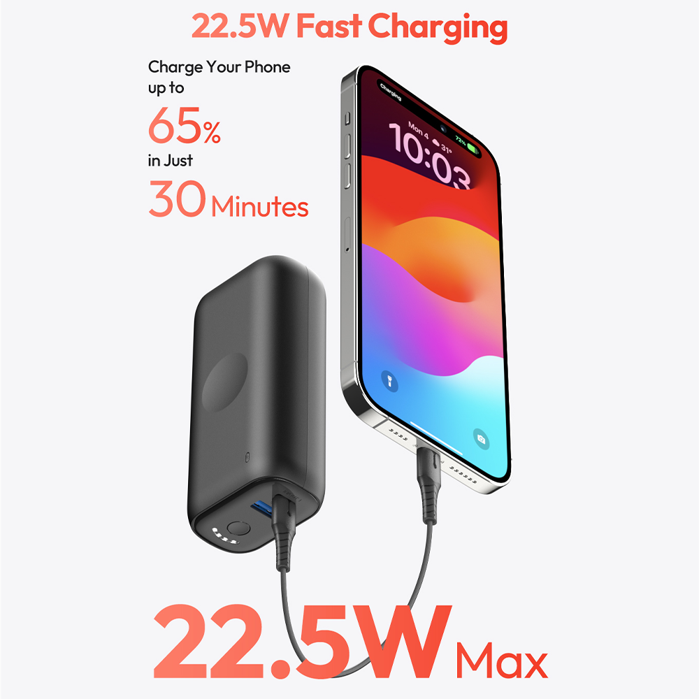 10000mAh Portable Phone Charger 22.5W Fast Charging with Built-in Cable