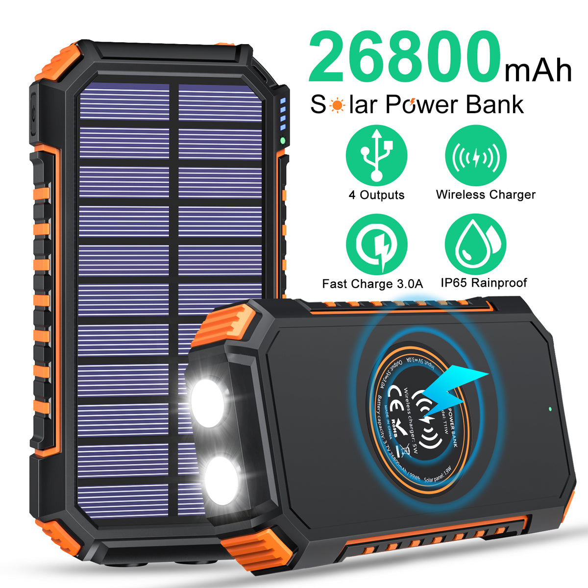 Solar Charger 26800mAh Wireless Portable Power Bank with 4 Outputs