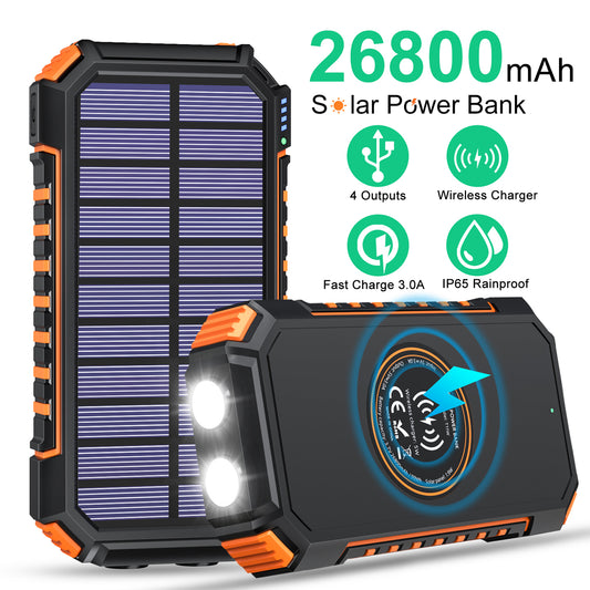 Solar Charger 26800mAh Wireless Portable Power Bank with 4 Outputs